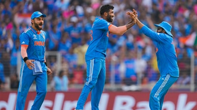 Jasprit Bumrah with Virat Kohli and Ravindra Jadeja celebrates the wicket of Mohammad Rizwan during the ICC Men's Cricket World Cup 2023 match between India and Pakistan (PTI) Jasprit Bumrah with Virat Kohli and Ravindra Jadeja celebrates the wicket of Mohammad Rizwan during the ICC Men's Cricket World Cup 2023 match between India and Pakistan (PTI)