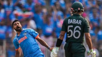Babar reached 50 and fell almost immediately to Siraj after which the wheels came off for Pakistan. (PTI) Babar reached 50 and fell almost immediately to Siraj after which the wheels came off for Pakistan. (PTI)