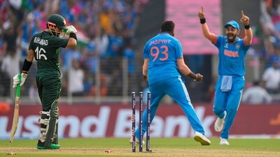 Jasprit Bumrah celebrates the wicket of Mohammad Rizwan during the ICC Men's Cricket World Cup 2023 match between India and Pakistan (PTI) Jasprit Bumrah celebrates the wicket of Mohammad Rizwan during the ICC Men's Cricket World Cup 2023 match between India and Pakistan (PTI)