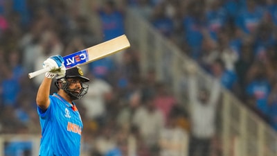 Rohit Sharma simply picked up from where he left off against Afghanistan, smashing 86 runs off 63 balls before falling to Shaheen Afridi and thus missing out on a second consecutive century. (PTI) Rohit Sharma simply picked up from where he left off against Afghanistan, smashing 86 runs off 63 balls before falling to Shaheen Afridi and thus missing out on a second consecutive century. (PTI)