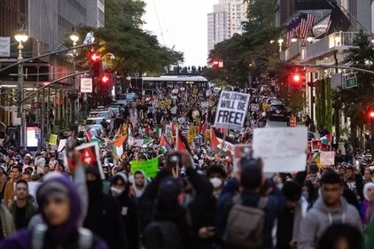Pro-Palestinian demonstrators march in New York on October 13. (Bloomberg) Pro-Palestinian demonstrators march in New York on October 13. (Bloomberg)