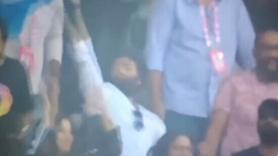 Arijit Singh waving a shirt after Babar Azam’s dismissal. (Screengrab)
