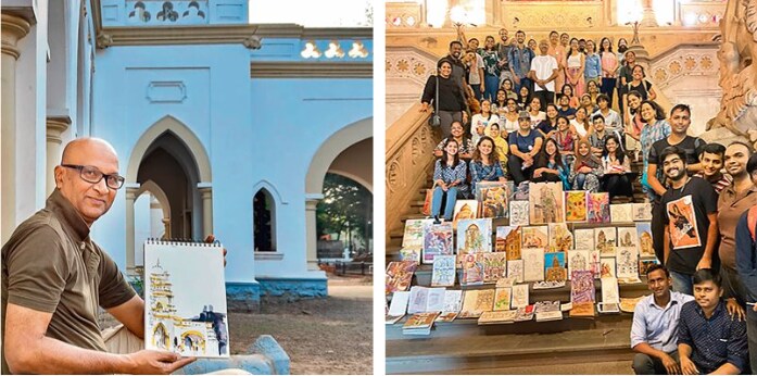 (Above left) Sanjeev Joshi, architect and founder of the Pune chapter. (Above right) Members of the Mumbai group pose at the municipal corporation’s headquarters, with their drawings of the heritage structure. (Above left) Sanjeev Joshi, architect and founder of the Pune chapter. (Above right) Members of the Mumbai group pose at the municipal corporation’s headquarters, with their drawings of the heritage structure.