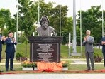 External Affairs Minister S Jaishankar unveils the bust of Rabindranath Tagore at the International Friendship Park, in Bac Ninh Province on Sunday.