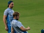England's Jos Buttler (L) and David Willey attend a practice session on the eve of their 2023 ICC Men's Cricket World Cup one-day international (ODI) match against Afghanistan at the Arun Jaitley Stadium England's Jos Buttler (L) and David Willey attend a practice session on the eve of their 2023 ICC Men's Cricket World Cup one-day international (ODI) match against Afghanistan at the Arun Jaitley Stadium