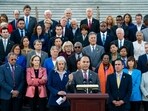 Representative Hakeem Jeffries, a Democrat from New York, speaks during a new conference on the steps of the US Capitol in Washington, DC, US, on Friday, Oct. 13, 2023. Representative Jim Jordan of Ohio will again run to be US House speaker now that his fellow Republican Steve Scalise has withdrawn from the contest. 