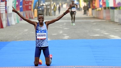 Kenya's Daniel Ebenyo celebrates his win during the 'Vedanta Delhi Half Marathon (Amit Sharma) Kenya's Daniel Ebenyo celebrates his win during the 'Vedanta Delhi Half Marathon (Amit Sharma)