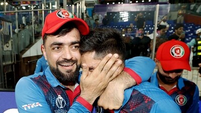 Afghanistan's Rashid Khan celebrates the team's victory against England in the ICC Cricket World Cup 2023, at Arun Jaitley Stadium in New Delhi (Afghanistan Cricket Board Twitte) Afghanistan's Rashid Khan celebrates the team's victory against England in the ICC Cricket World Cup 2023, at Arun Jaitley Stadium in New Delhi (Afghanistan Cricket Board Twitte)