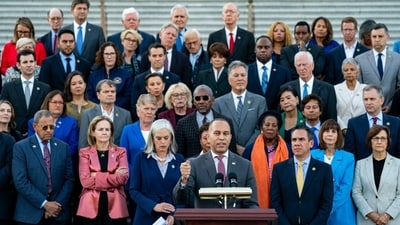Representative Hakeem Jeffries, a Democrat from New York, speaks during a new conference on the steps of the US Capitol in Washington, DC, US, on Friday, Oct. 13, 2023. Representative Jim Jordan of Ohio will again run to be US House speaker now that his fellow Republican Steve Scalise has withdrawn from the contest. (Bloomberg) Representative Hakeem Jeffries, a Democrat from New York, speaks during a new conference on the steps of the US Capitol in Washington, DC, US, on Friday, Oct. 13, 2023. Representative Jim Jordan of Ohio will again run to be US House speaker now that his fellow Republican Steve Scalise has withdrawn from the contest. (Bloomberg)