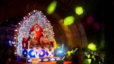 Artists dressed as Hindu God Rama (L), and his brother Lakshman sit on a tableau during a religious procession to mark the Dussehra Festival in the old city of Prayagraj on October 14, 2023. (Representational Image / AFP) Artists dressed as Hindu God Rama (L), and his brother Lakshman sit on a tableau during a religious procession to mark the Dussehra Festival in the old city of Prayagraj on October 14, 2023. (Representational Image / AFP)