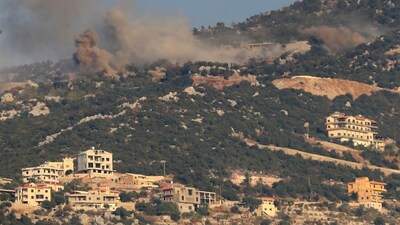 Smoke rises from Israeli shelling on the outskirts of the Lebanese village of Kfar Chouba, Lebanon. (AP)