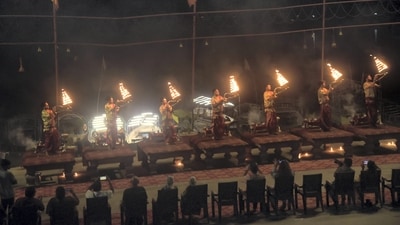 Priests perform 'Ganga aarti' on the first day of the Navratri festival at Assi Ghat, in Varanasi. (PTI)