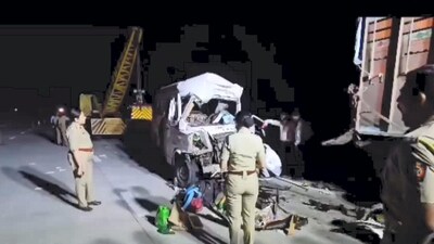 At least 12 people were killed and 17 others were injured when a mini-bus hit a container in the early hours of Sunday on Samruddhi Expressway in the district, formerly known as Aurangabad, police said. (PTI) At least 12 people were killed and 17 others were injured when a mini-bus hit a container in the early hours of Sunday on Samruddhi Expressway in the district, formerly known as Aurangabad, police said. (PTI)