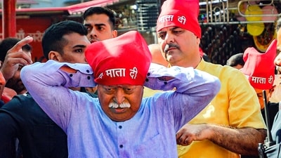 RSS chief Mohan Bhagwat visits Kali Mata temple inside the Bahu Fort on the first day of the Navratri festival in Jammu. (PTI)