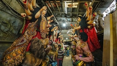 Idols of Goddess Durga at a clay modelling studio before being transported to puja pandals ahead of Durga Puja in Kolkata. (PTI) Idols of Goddess Durga at a clay modelling studio before being transported to puja pandals ahead of Durga Puja in Kolkata. (PTI)