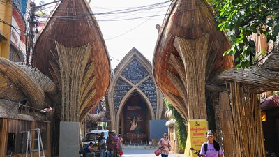 A boat-shaped community puja pandal being prepared ahead of the Durga Puja festival in Kolkata. (PTI) A boat-shaped community puja pandal being prepared ahead of the Durga Puja festival in Kolkata. (PTI)