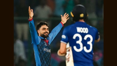 Rashid Khan celebrates at Arun Jaitley Stadium in New Delhi on Sunday. (PTI) Rashid Khan celebrates at Arun Jaitley Stadium in New Delhi on Sunday. (PTI)