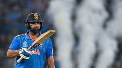 India's captain Rohit Sharma celebrates after scoring a rampant half-century against Pakistan. (AFP) India's captain Rohit Sharma celebrates after scoring a rampant half-century against Pakistan. (AFP)