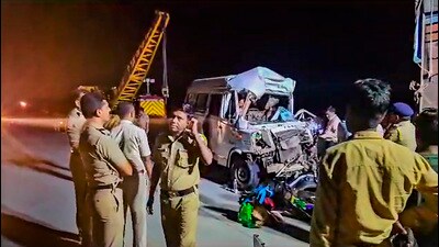 The 17-seater minibus carrying 35 passengers was headed towards Nashik when the driver allegedly lost control of the speeding vehicle and crashed into the rear end of a truck. (PTI) The 17-seater minibus carrying 35 passengers was headed towards Nashik when the driver allegedly lost control of the speeding vehicle and crashed into the rear end of a truck. (PTI)