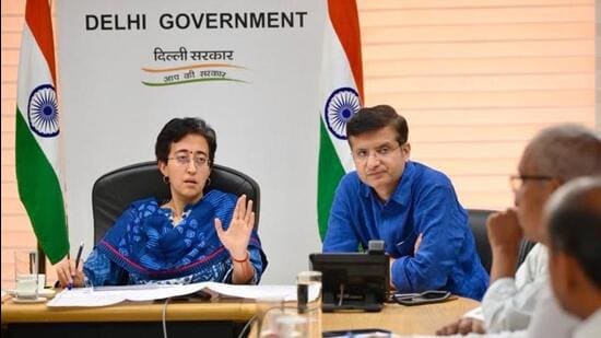 PWD minister Atishi during a meeting on Sunday. (HT Photo)