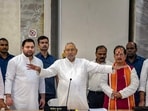 Bihar chief minister Nitish Kumar, deputy chief minister Tejashwi Yadav, Leader of Opposition in Bihar Assembly Vijay Kumar Sinha and other leaders during all parties’ meeting on Bihar Caste Census at the CM Secretariat on Tuesday. (PTI)