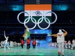 Flag bearer Arif Mohd Khan of India during the athletes parade at the opening ceremony