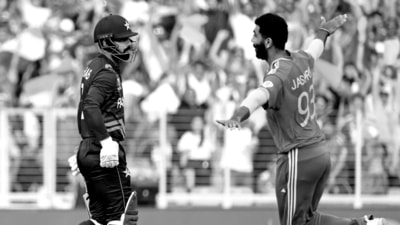 Jasprit Bumrah celebrates after dismissing Shadab Khan in World Cup match against Pakistan (Rohit Chawla)