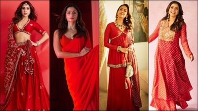 On the third day of Shardiya Navratri, Goddess Chandraghanta is worshipped and the colour of the day is red. Donning the colour red on this day is considered auspicious and is also the most popular colour of chunri offered to the goddess. Red represents passion and love and wearing this colour makes the devotee feel energetic and alive. If you still haven't decided on your stunning red outfits then don't worry, we are here to help you out with some of the most stunning Bollywood inspired red outfits. Whether it's a suit, a saree or a red lehenga, our B-town divas know how to pull off every look to perfection. From Alia Bhatt's red chiffon saree to Kajol's traditional kurta, here is your lookbook for the perfect Navratri Day 3 look. (Instagram) On the third day of Shardiya Navratri, Goddess Chandraghanta is worshipped and the colour of the day is red. Donning the colour red on this day is considered auspicious and is also the most popular colour of chunri offered to the goddess. Red represents passion and love and wearing this colour makes the devotee feel energetic and alive. If you still haven't decided on your stunning red outfits then don't worry, we are here to help you out with some of the most stunning Bollywood inspired red outfits. Whether it's a suit, a saree or a red lehenga, our B-town divas know how to pull off every look to perfection. From Alia Bhatt's red chiffon saree to Kajol's traditional kurta, here is your lookbook for the perfect Navratri Day 3 look. (Instagram)