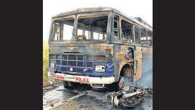 A burned police vehicle during protest in Behbal Kalan. (HT File) A burned police vehicle during protest in Behbal Kalan. (HT File)