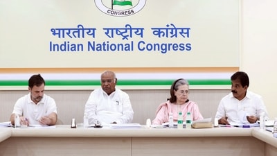 Congress President Mallikarjun Kharge along with CPP Chairperson Sonia Gandhi, party leaders Rahul Gandhi, KC Venugopal at the party's Central Election Committee (CEC) meeting for the selection of candidates at AICC Headquarters in New Delhi on Thursday. (AICC) Congress President Mallikarjun Kharge along with CPP Chairperson Sonia Gandhi, party leaders Rahul Gandhi, KC Venugopal at the party's Central Election Committee (CEC) meeting for the selection of candidates at AICC Headquarters in New Delhi on Thursday. (AICC)