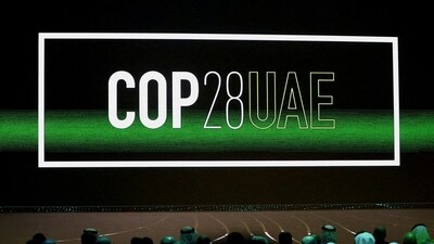 FILE PHOTO: 'Cop28 UAE' logo is displayed on the screen during the opening ceremony of Abu Dhabi Sustainability Week (ADSW) under the theme of 'United on Climate Action Toward COP28', in Abu Dhabi, UAE, January 16, 2023. REUTERS/Rula Rouhana/File Photo (REUTERS)