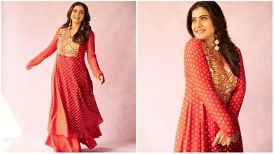 Kajol's simple yet traditional red palazzo set is a perfect Navratri fashion inspiration for day 3. It features a V-neckline, full sleeves, a heavily embroidered intricate work at the top and a traditional Indian print all over. The beautiful flowing silhouette and matching pallazo trousers perfectly complement her ethnic look and exude festive vibes. Add a pair of statement earrings and minimal make-up to channel your inner Kajol. (Instagram/@kajol) Kajol's simple yet traditional red palazzo set is a perfect Navratri fashion inspiration for day 3. It features a V-neckline, full sleeves, a heavily embroidered intricate work at the top and a traditional Indian print all over. The beautiful flowing silhouette and matching pallazo trousers perfectly complement her ethnic look and exude festive vibes. Add a pair of statement earrings and minimal make-up to channel your inner Kajol. (Instagram/@kajol)
