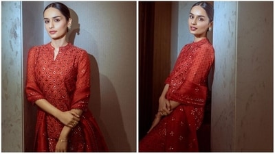 Manushi Chhillar's traditional red slawar suit is your ideal fashion inspiration if your vibe is simple and you like to keep your style minimal. Her elegant kurta with a split crew neck, elbow-length sleeves and a traditional Indian print embellished with mirror work is the epitome of grace. Pair it with a matching net duppata and straight, fitted trousers for the perfect festive look. For make-up, opt for winged eyeliner, mascara-coated lashes, glowing highlighter, rosy cheeks and a shade of berry lipstick like Manushi. Tie your hair into a neat bun on the centre part of your face, add stud earrings and you are ready to slay. (Instagram/@manushi_chhillar) Manushi Chhillar's traditional red slawar suit is your ideal fashion inspiration if your vibe is simple and you like to keep your style minimal. Her elegant kurta with a split crew neck, elbow-length sleeves and a traditional Indian print embellished with mirror work is the epitome of grace. Pair it with a matching net duppata and straight, fitted trousers for the perfect festive look. For make-up, opt for winged eyeliner, mascara-coated lashes, glowing highlighter, rosy cheeks and a shade of berry lipstick like Manushi. Tie your hair into a neat bun on the centre part of your face, add stud earrings and you are ready to slay. (Instagram/@manushi_chhillar)
