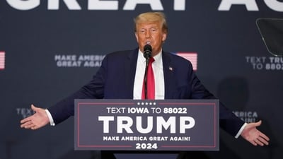 Former President Donald Trump speaks during a campaign rally Monday, Oct. 16, 2023, in Clive, Iowa. (AP) Former President Donald Trump speaks during a campaign rally Monday, Oct. 16, 2023, in Clive, Iowa. (AP)