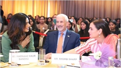 Harnaaz talked about achieving a gender-just future and eradicating period poverty during the event. She also clicked a picture with Dia Mirza, who won the Miss Asia Pacific International crown in 2000 after winning the Femina Miss India Asia Pacific 2000 title. (Instagram) Harnaaz talked about achieving a gender-just future and eradicating period poverty during the event. She also clicked a picture with Dia Mirza, who won the Miss Asia Pacific International crown in 2000 after winning the Femina Miss India Asia Pacific 2000 title. (Instagram)