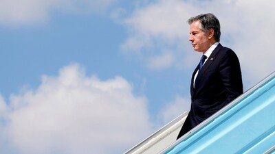 US Secretary of State Antony Blinken disembarks from a plane in Tel Aviv on October 16. (AP)