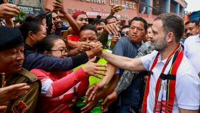 Massive crowds greeted Congress leader Rahul Gandhi as he undertook a padayatra in Aizawl on Monday. (PTI) Massive crowds greeted Congress leader Rahul Gandhi as he undertook a padayatra in Aizawl on Monday. (PTI)