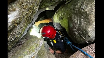 Firefighter who went inside cave to rescue the dog. (Facebook/@Waldens Creek Volunteer Fire Department ) Firefighter who went inside cave to rescue the dog. (Facebook/@Waldens Creek Volunteer Fire Department )