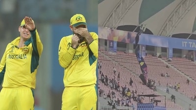 Australia players look shocked as World Cup hoardings fall into stands Australia players look shocked as World Cup hoardings fall into stands