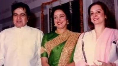 Dilip Kumar, Hema Malini and Saira Banu seen together in an old picture.