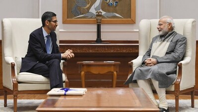 A file photo of Google CEO Sundar Pichai merting Prime Minister Narendra Modi at his residence last year, (@sundarpichai) A file photo of Google CEO Sundar Pichai merting Prime Minister Narendra Modi at his residence last year, (@sundarpichai)