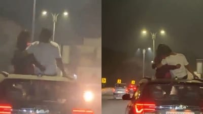 Couple engaging in PDA on the PV Narasimha Rao Expressway in Hyderabad. (X/@DharaniBRS) Couple engaging in PDA on the PV Narasimha Rao Expressway in Hyderabad. (X/@DharaniBRS)