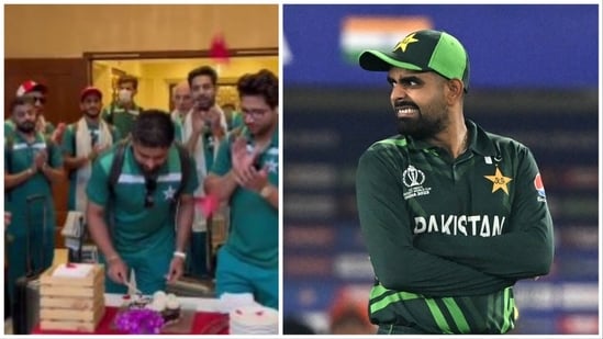 Pakistani players cut a cake at the team hotel as Babar turned 29 on Sunday (PCB-AFP)