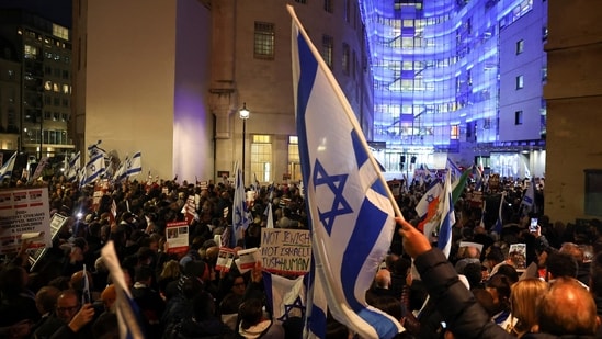 Pro-Israeli demonstrators gather outside the headquarters of the BBC to protest about the corporation's coverage of the ongoing conflict between Israel and Hamas, in London, Britain, October 16, 2023.
