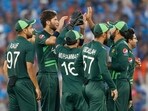 Pakistan's Shaheen Afridi and teammates celebrate the wicket of India's Shubman Gill during their match in the ICC Men's Cricket World Cup 2023