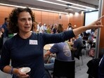 Professor Karine Nahon, head of the missing civilians' war room, gestures as she describes the initiative by cyber professionals in Tel Aviv.
