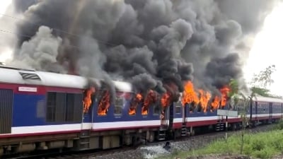 Fire broke out in the five coaches of the Ashti to Ahmednagar diesel multiple unit train (DEMU) between Narayandoh and Ahmednagar section at around 3.24 pm, officials said, adding, no passenger was injured in the incident. (ANI) Fire broke out in the five coaches of the Ashti to Ahmednagar diesel multiple unit train (DEMU) between Narayandoh and Ahmednagar section at around 3.24 pm, officials said, adding, no passenger was injured in the incident. (ANI)