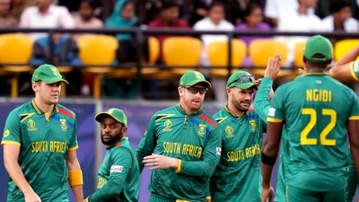 The match was reduced to 43 overs-a-side due to a significant rain delay. South Africa, who won their first two matches emphatically, chose to bowl first and it looked like it might be yet another easy win for them. (ANI ) The match was reduced to 43 overs-a-side due to a significant rain delay. South Africa, who won their first two matches emphatically, chose to bowl first and it looked like it might be yet another easy win for them. (ANI )