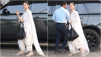 The pictures and videos shared by the paparazzi Instagram handles showed Alia Bhatt outside the Kalina airport. The actor arrived with Ranbir Kapoor, and they exited the car to greet the media before heading inside to board their flight. (Instagram) The pictures and videos shared by the paparazzi Instagram handles showed Alia Bhatt outside the Kalina airport. The actor arrived with Ranbir Kapoor, and they exited the car to greet the media before heading inside to board their flight. (Instagram)