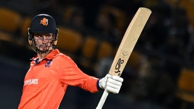 However, Netherlands captain Scott Edwards led a fightback. He ended up scoring a half-century and put up a 64-run stand with Roelof van der Merwe which came in just 37 balls. (AFP) However, Netherlands captain Scott Edwards led a fightback. He ended up scoring a half-century and put up a 64-run stand with Roelof van der Merwe which came in just 37 balls. (AFP)